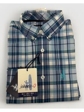 NWT Johnnie-O Boys Button Down Long Sleeve Plaid Light/dark Blue Shirt Size 6